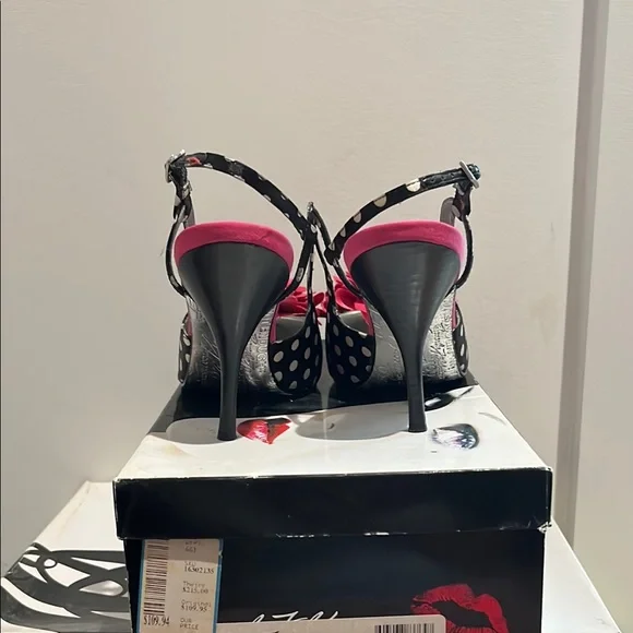 Beverly Feldman Women's Black and White Polka Dot Heels with Red Floral Accent - Picture 3 of 5